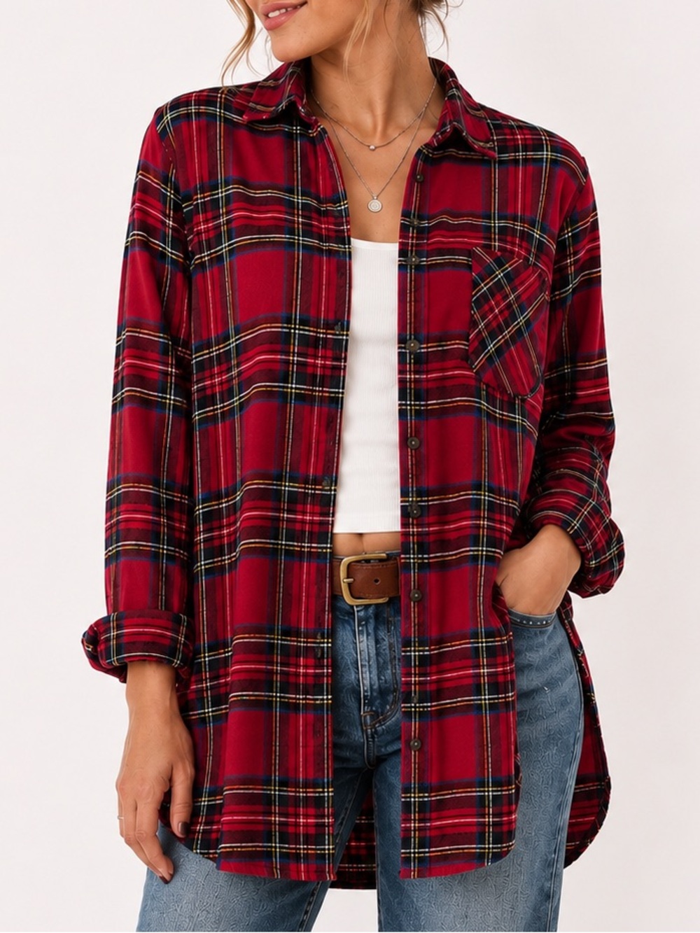 Hippie Rose Red Tartan Plaid Flannel Button-Down Shirt Medium